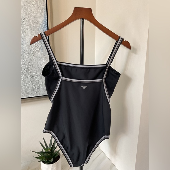 Industry Black Swimsuit with Striped trim and mesh sides. - Picture 3 of 10